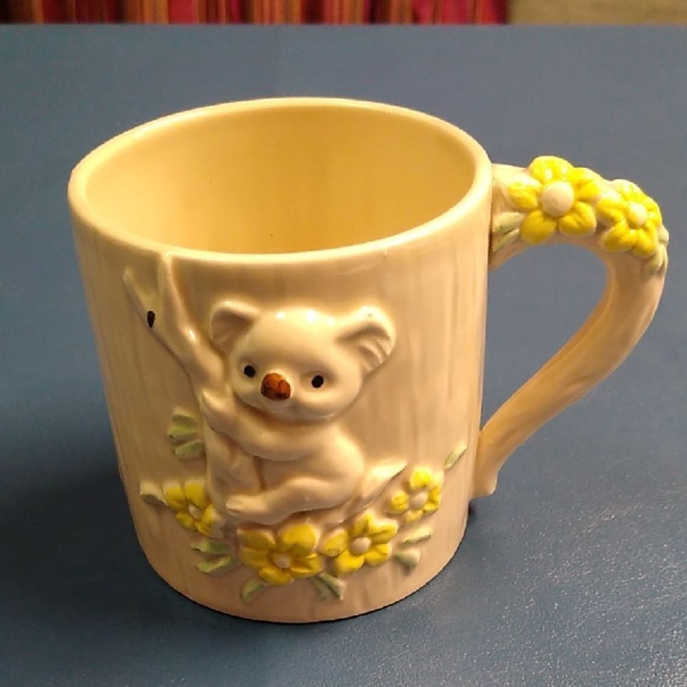 Vintage Josef Originals Koala Bear faux wood ceramic mug with yellow Flowers